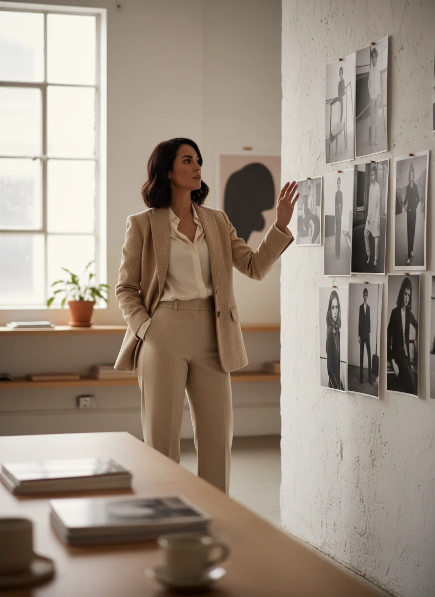 Creative director reviewing editorial photography in a studio